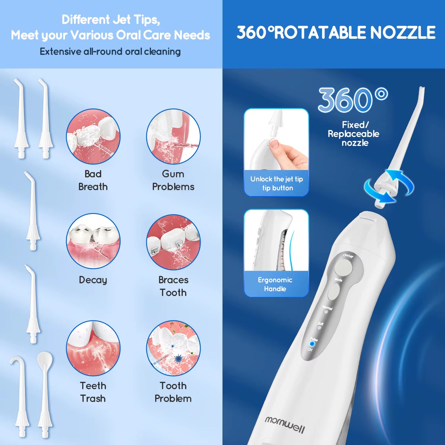 Water Flosser Teeth Picks 4 Jets 3 Modes Portable Cordless D52 Water Floss for Teeth Cleaner IPX7 Waterproof Oral Picks